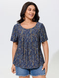 Paisley Print Round Neck Front Pleated Top