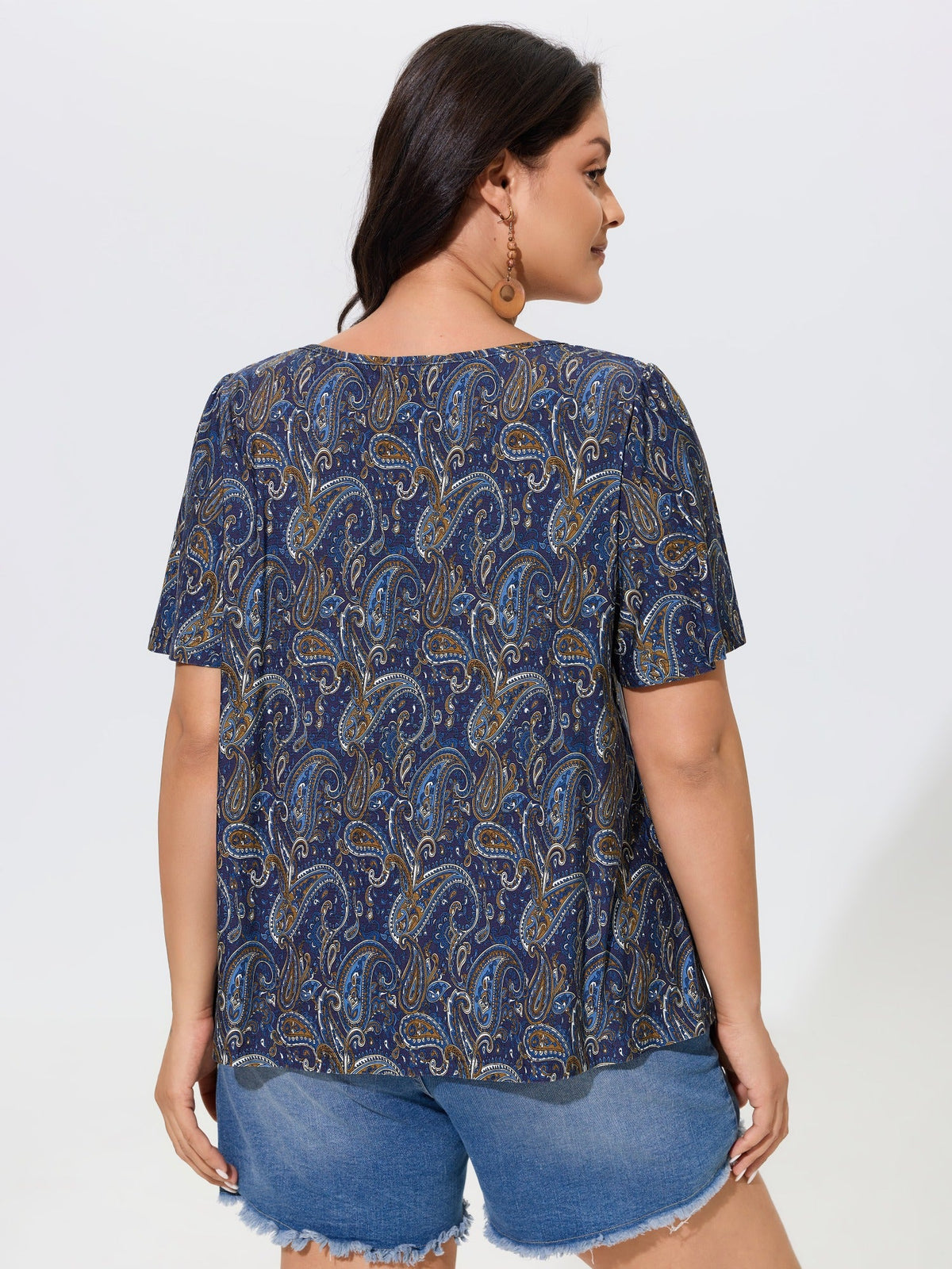 Paisley Print Round Neck Front Pleated Top