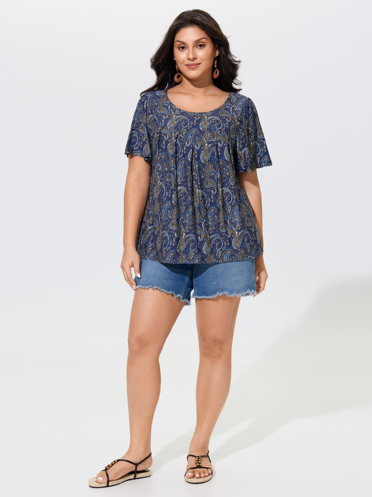 Paisley Print Round Neck Front Pleated Top