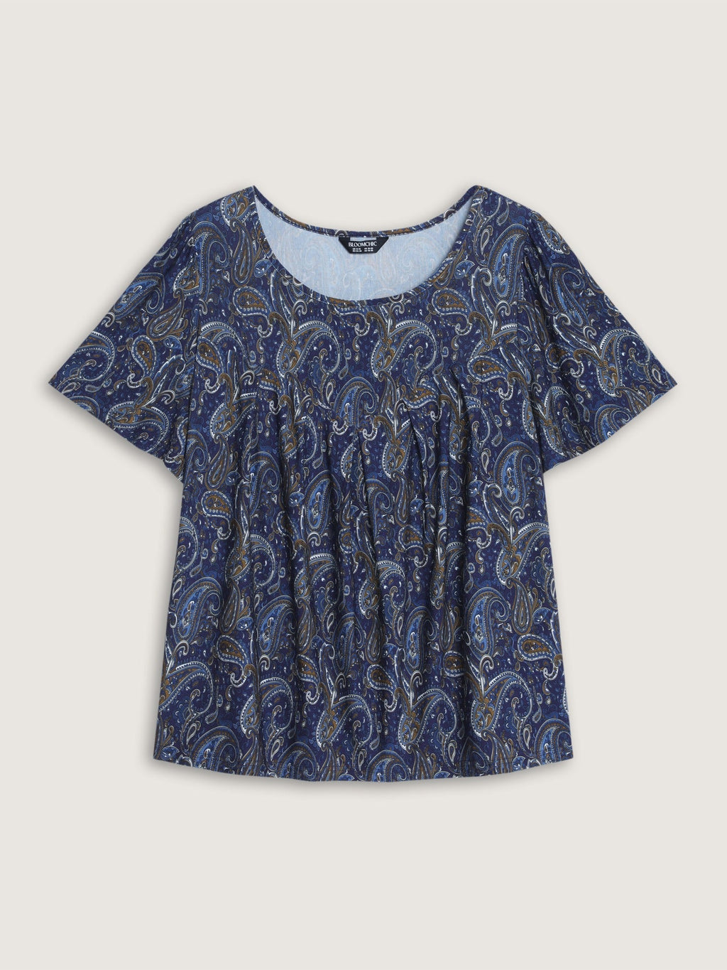 Paisley Print Round Neck Front Pleated Top