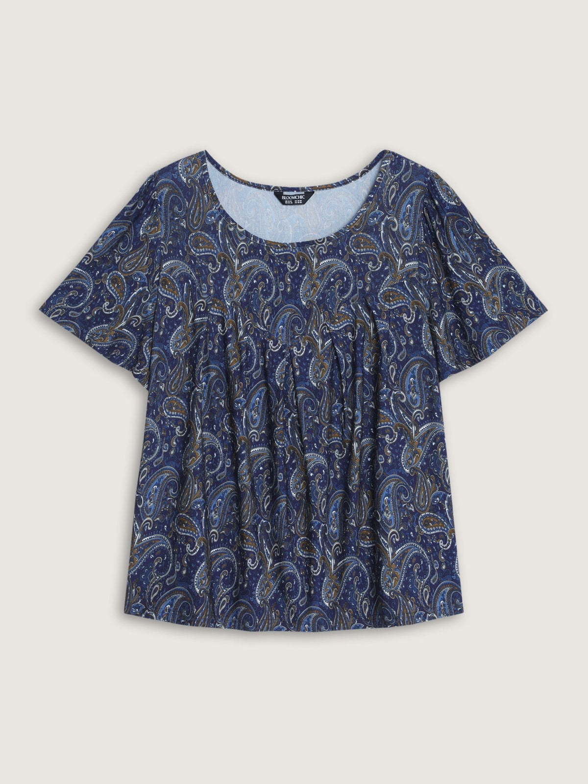 Paisley Print Round Neck Front Pleated Top