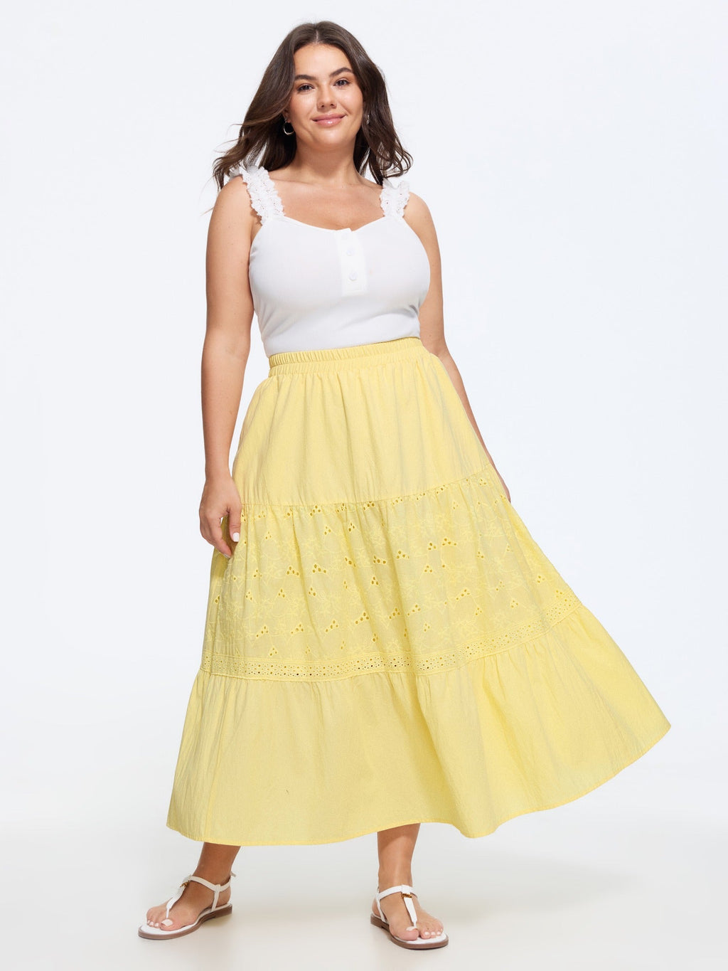 Cotton Eyelet Patchwork Tiered Midi Skirt