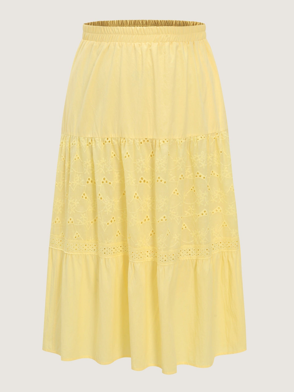 Cotton Eyelet Patchwork Tiered Midi Skirt