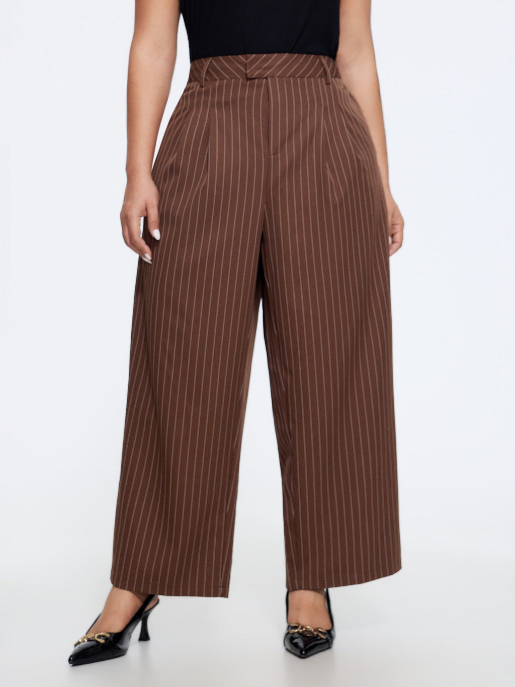 Stripe Print Front Pleat Straight Pants