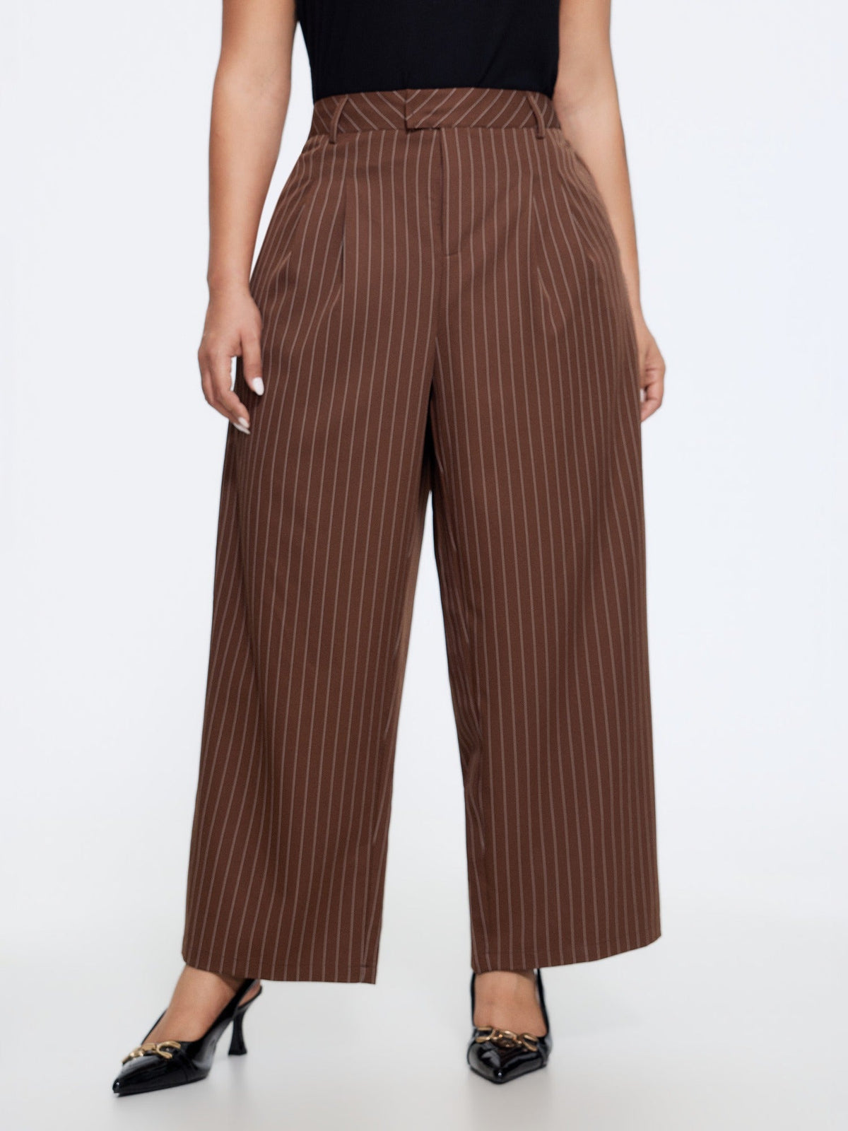 Stripe Print Front Pleat Straight Pants