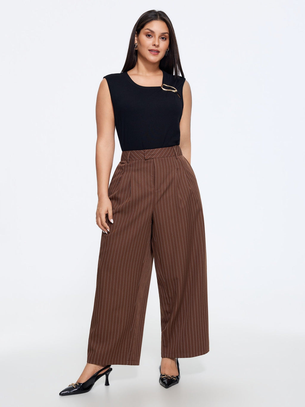 Stripe Print Front Pleat Straight Pants