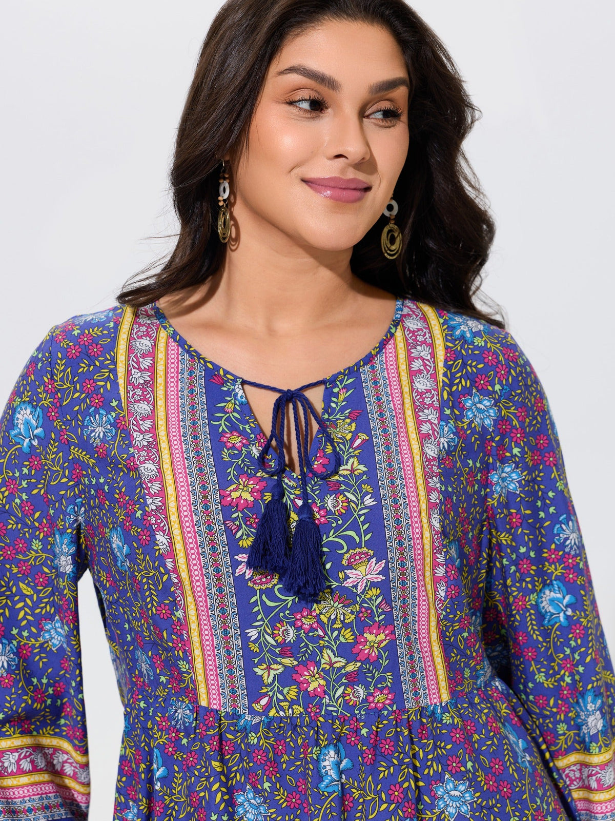Boho Floral Print Tassel Tie Blouse