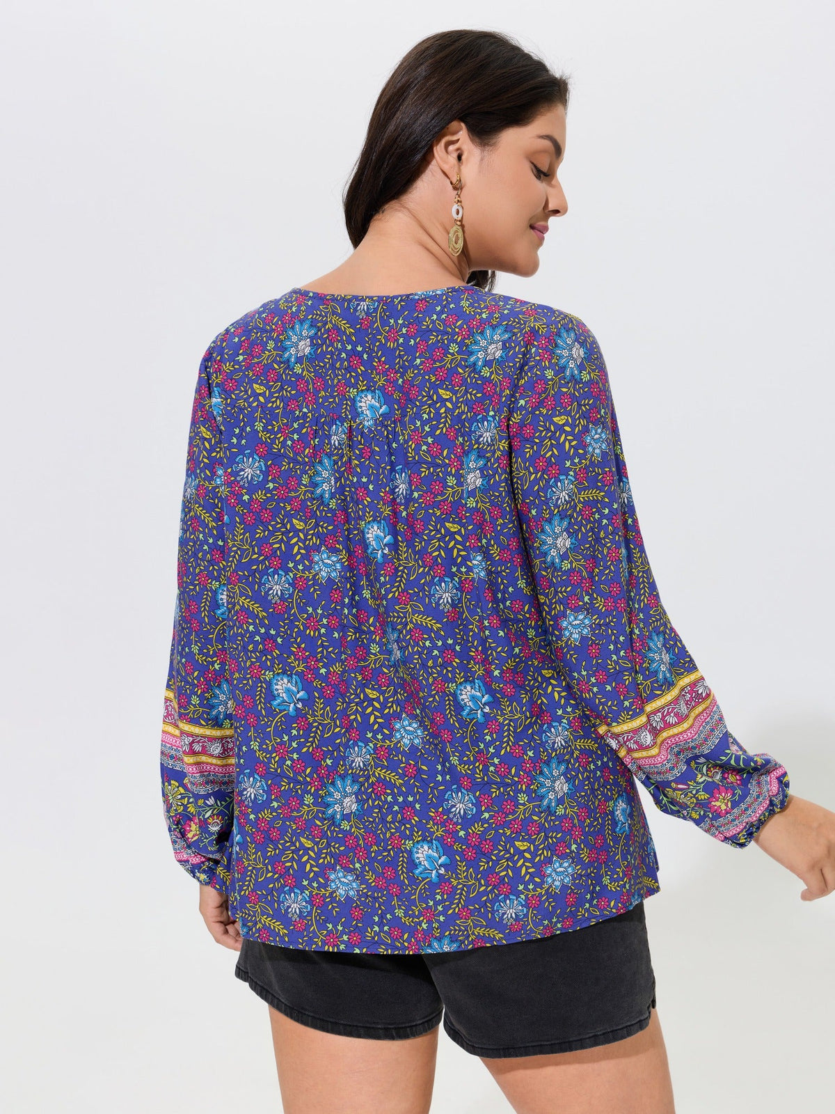 Boho Floral Print Tassel Tie Blouse