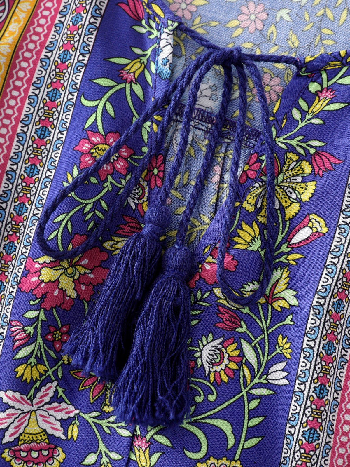 Boho Floral Print Tassel Tie Blouse