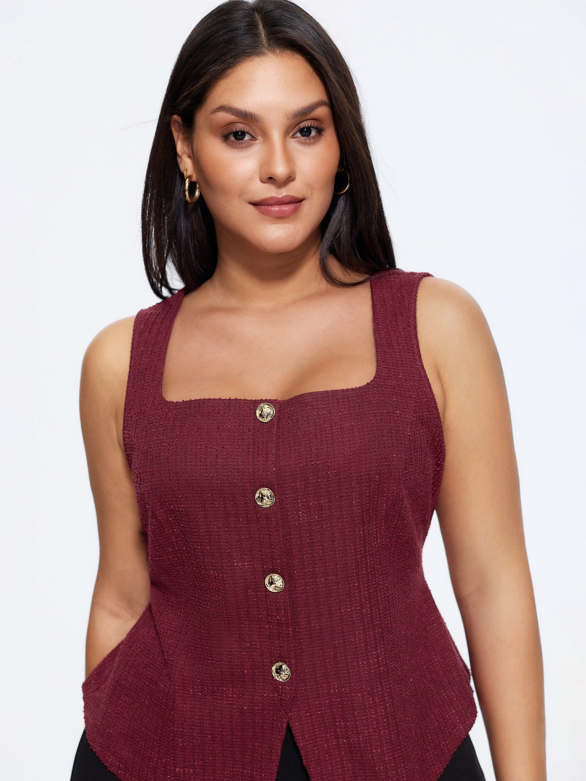 Square Neck Button Front Tweed Tank Top
