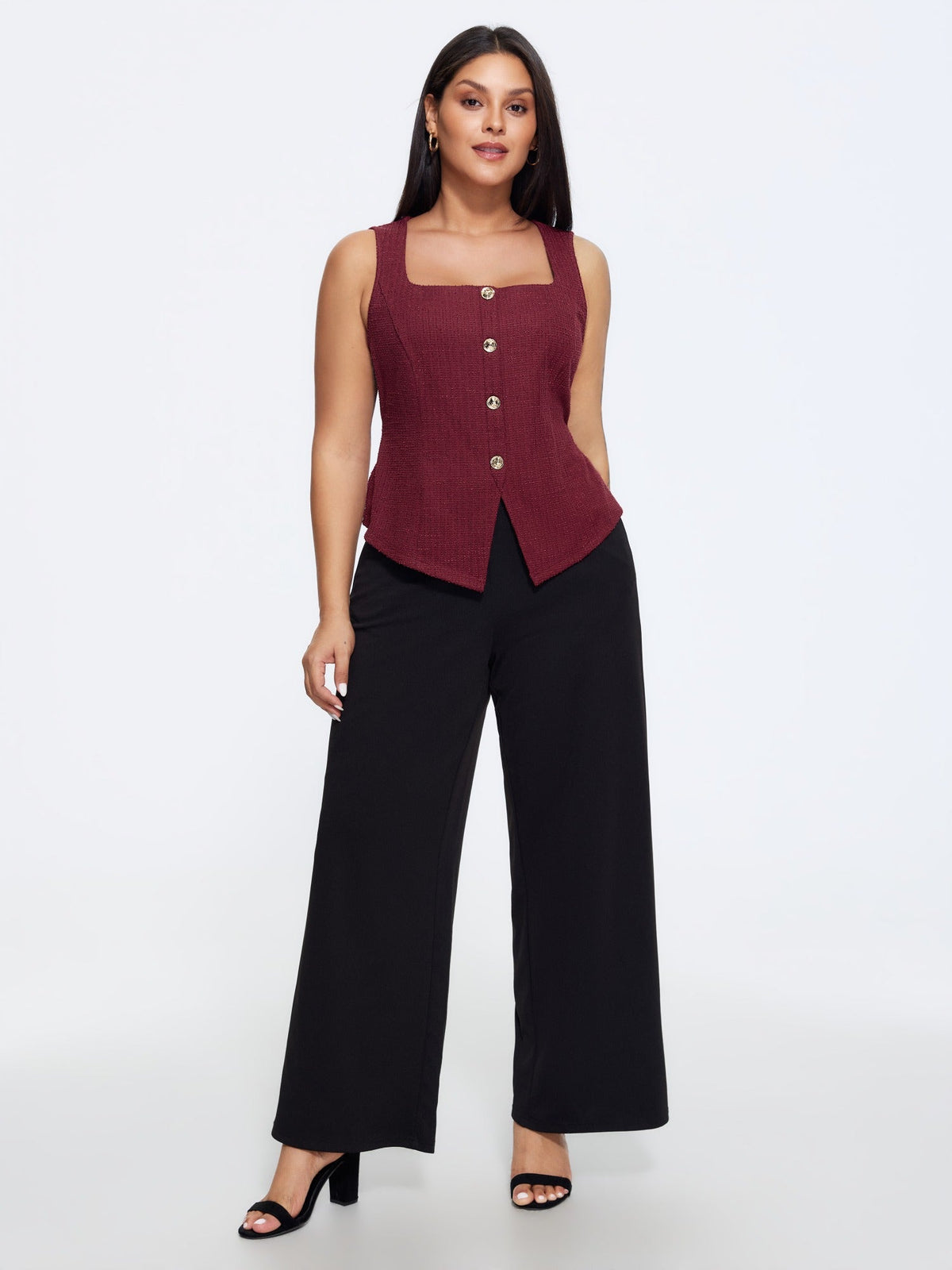 Square Neck Button Front Tweed Tank Top