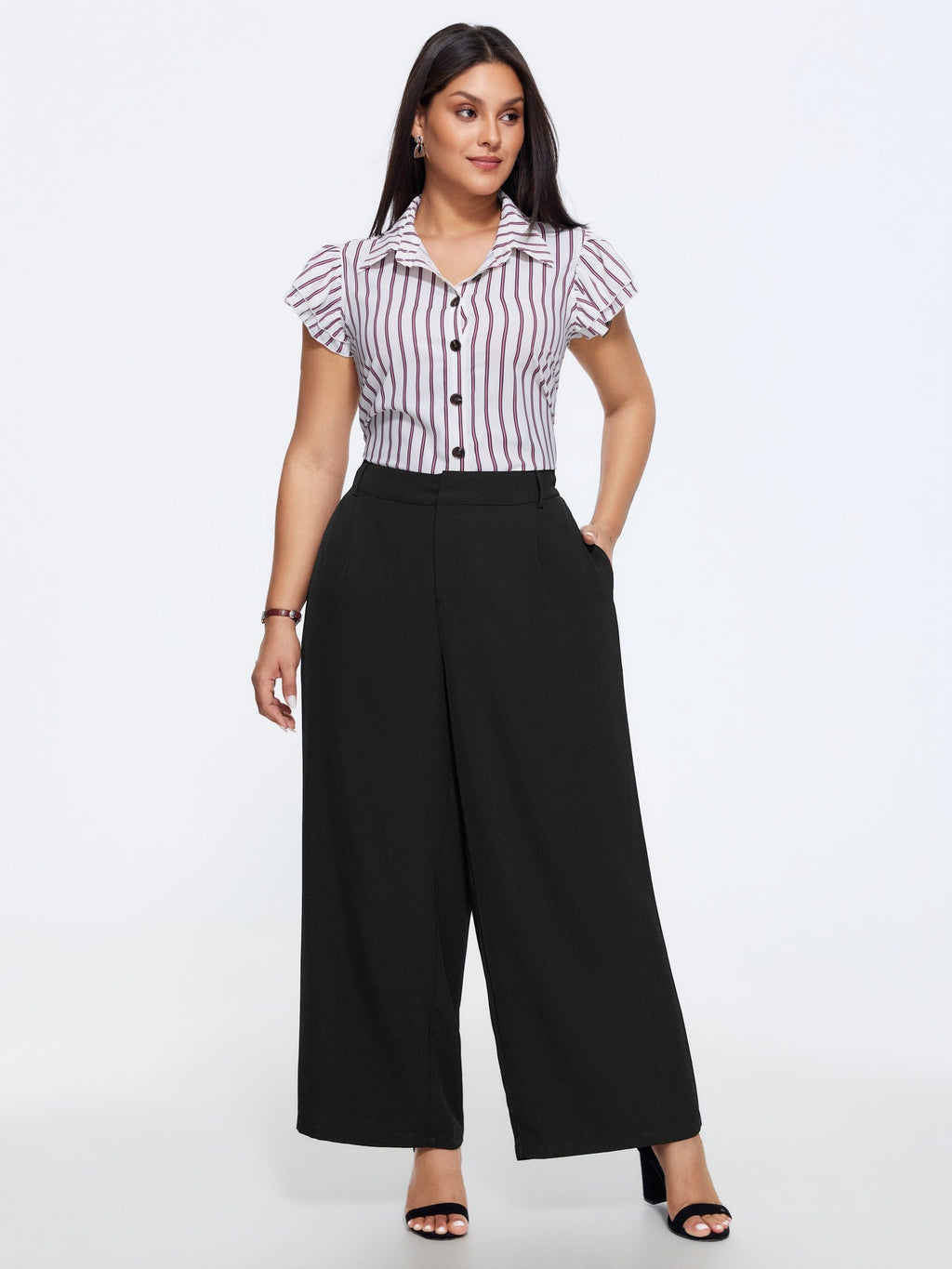 Solid High Waist Front Pleat Wide Leg Pants