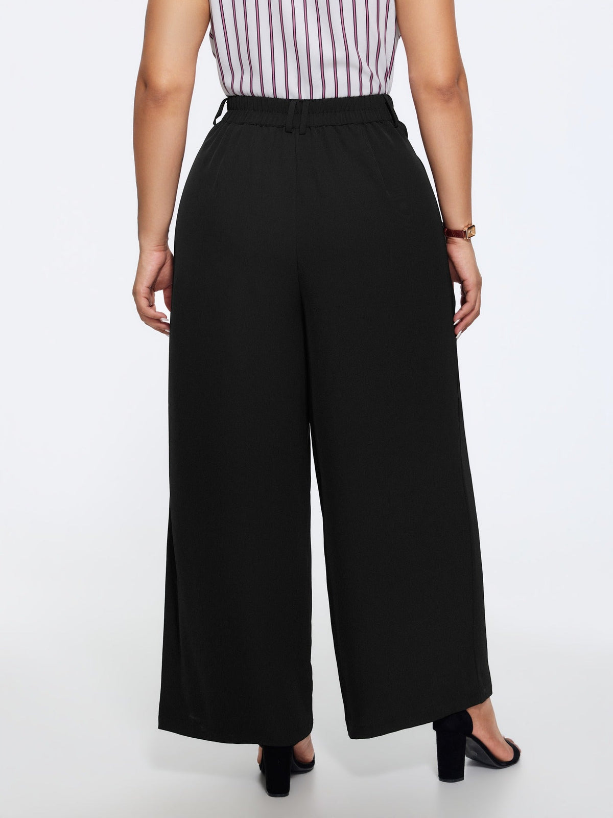 Solid High Waist Front Pleat Wide Leg Pants