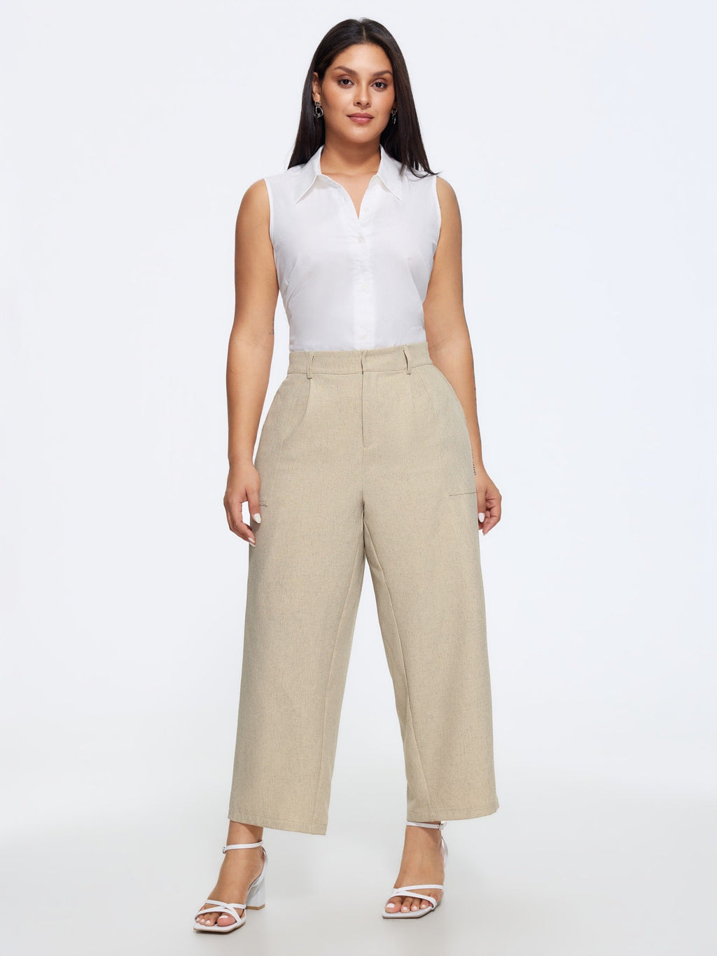 Textured Linen Blend Pocket Cropped Pants