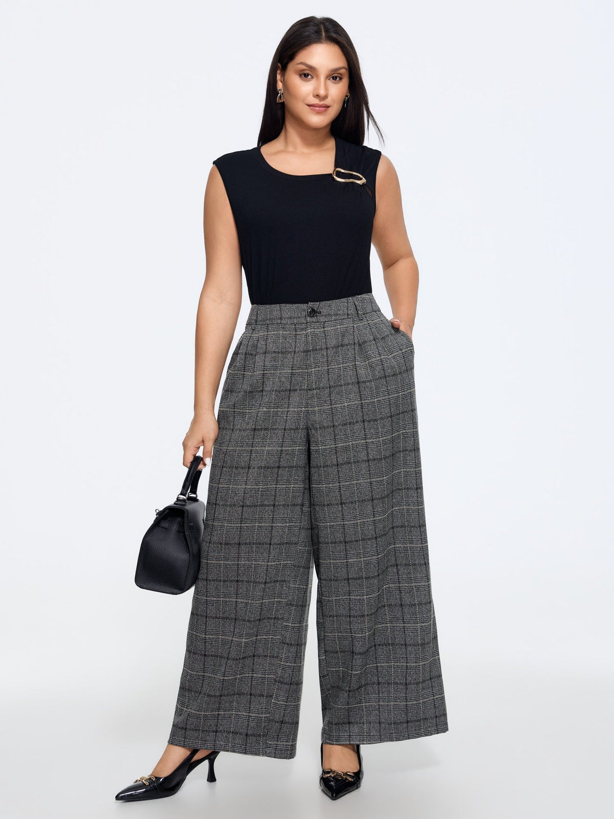 Checkered Pleated Loose Fit Wide Leg Pants