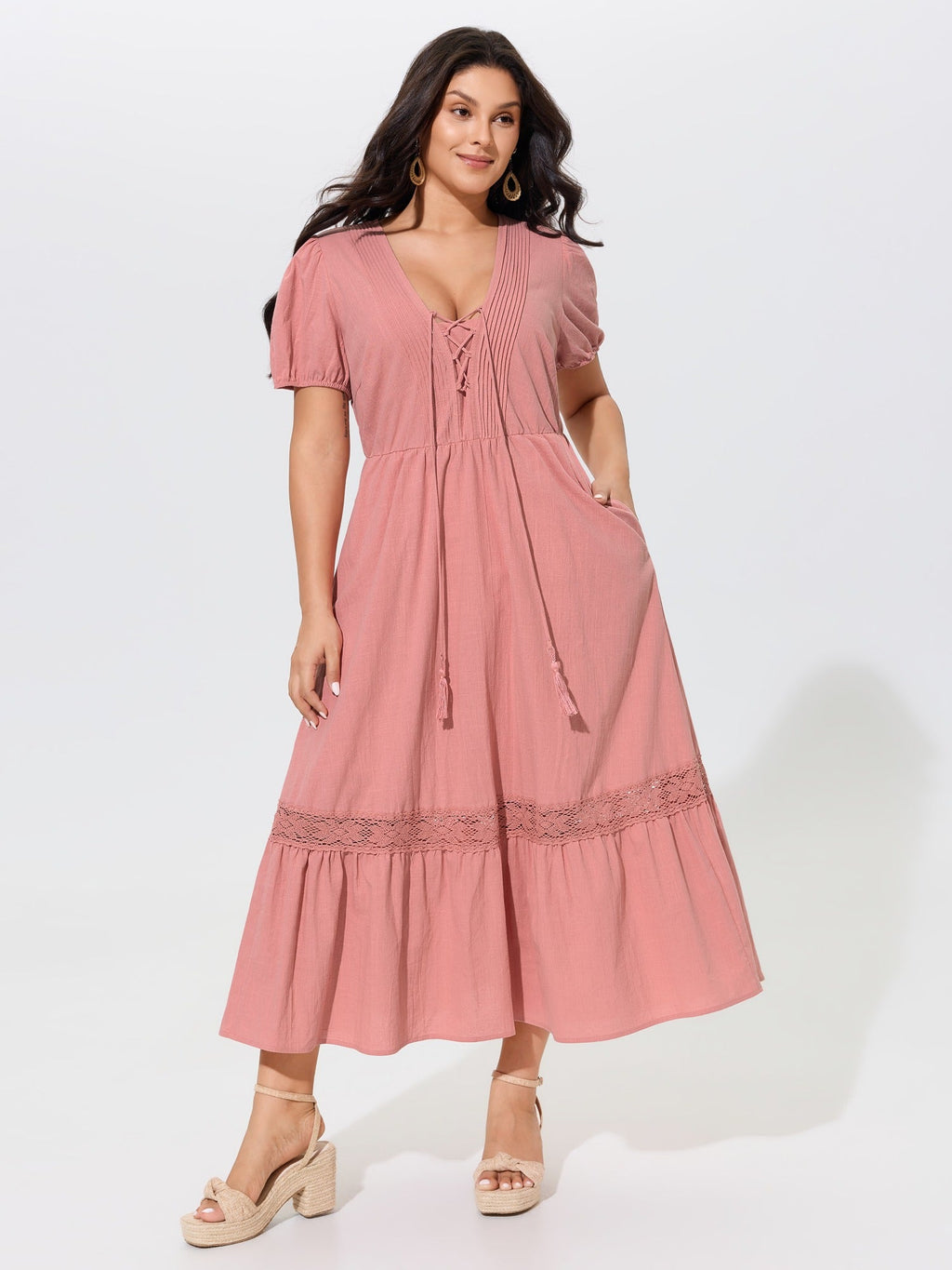 Cotton Lace Inset Tiered Pockets Maxi Dress