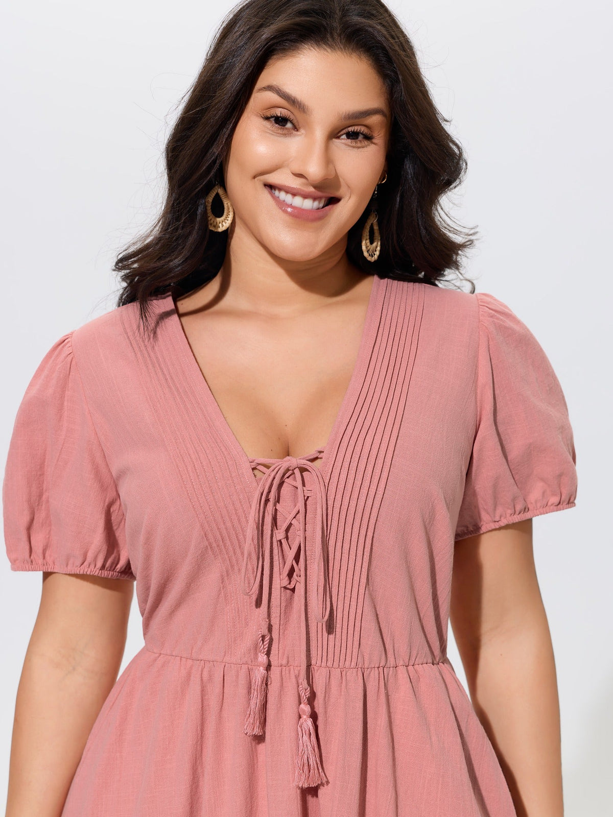 Cotton Lace Inset Tiered Pockets Maxi Dress