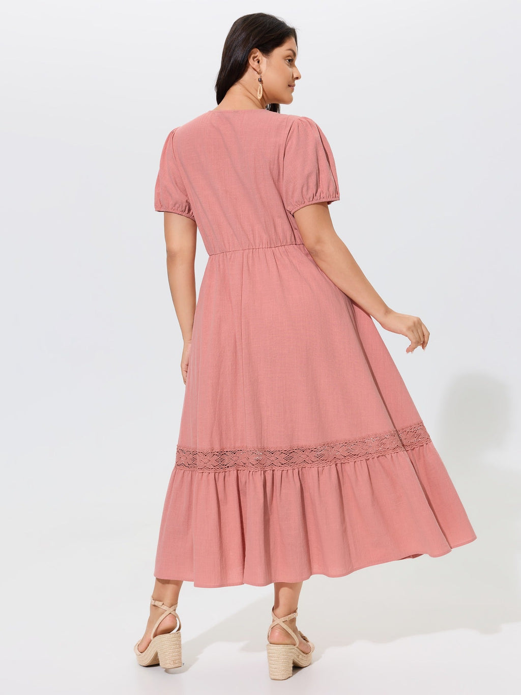 Cotton Lace Inset Tiered Pockets Maxi Dress