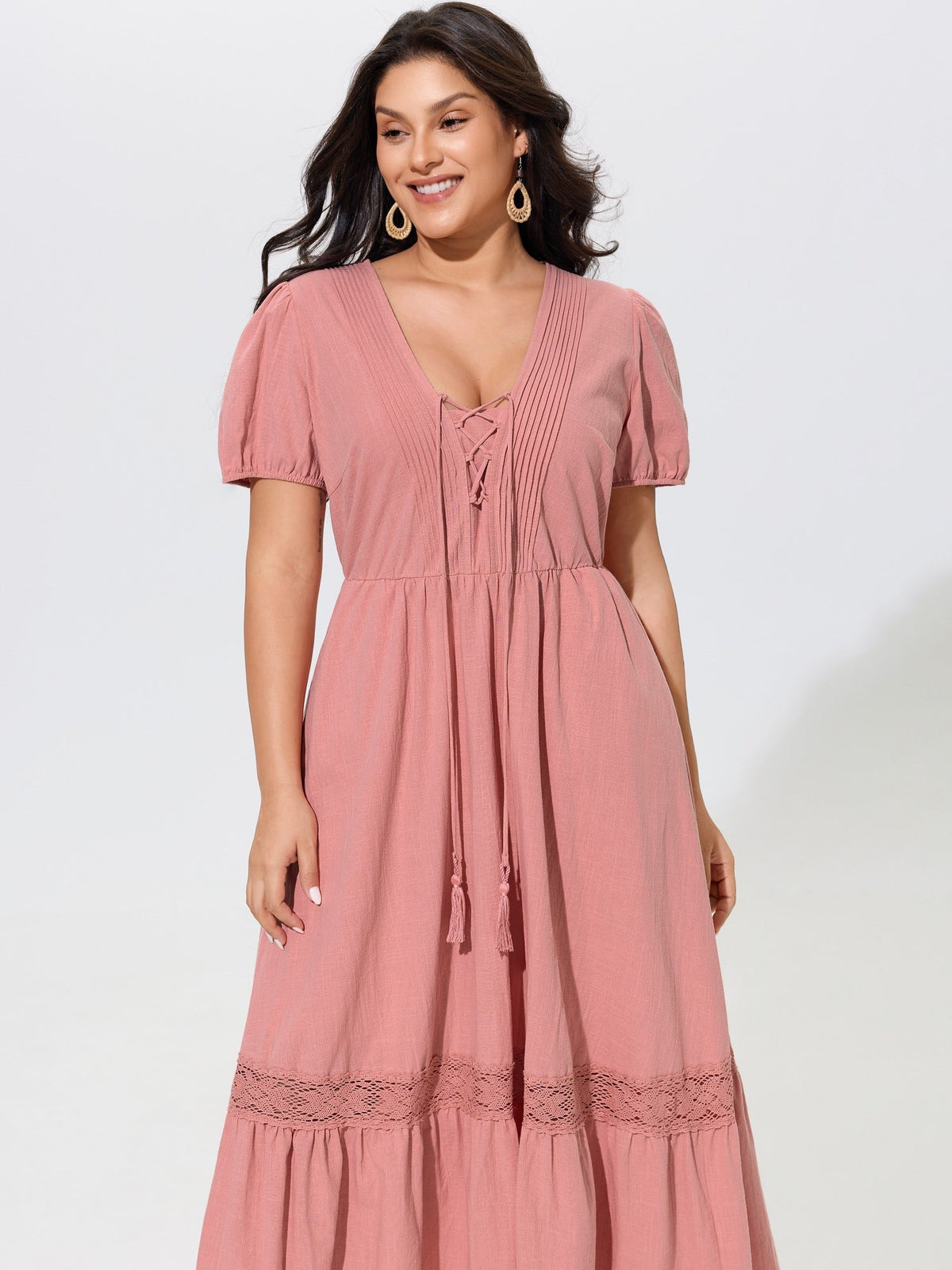 Cotton Lace Inset Tiered Pockets Maxi Dress