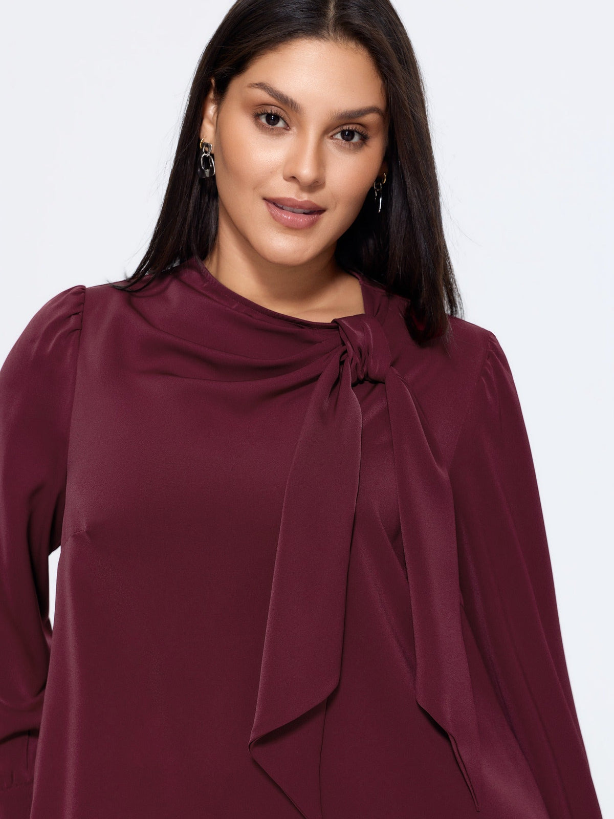 Satin Cowl Neck Tie Bow Long Sleeve Blouse