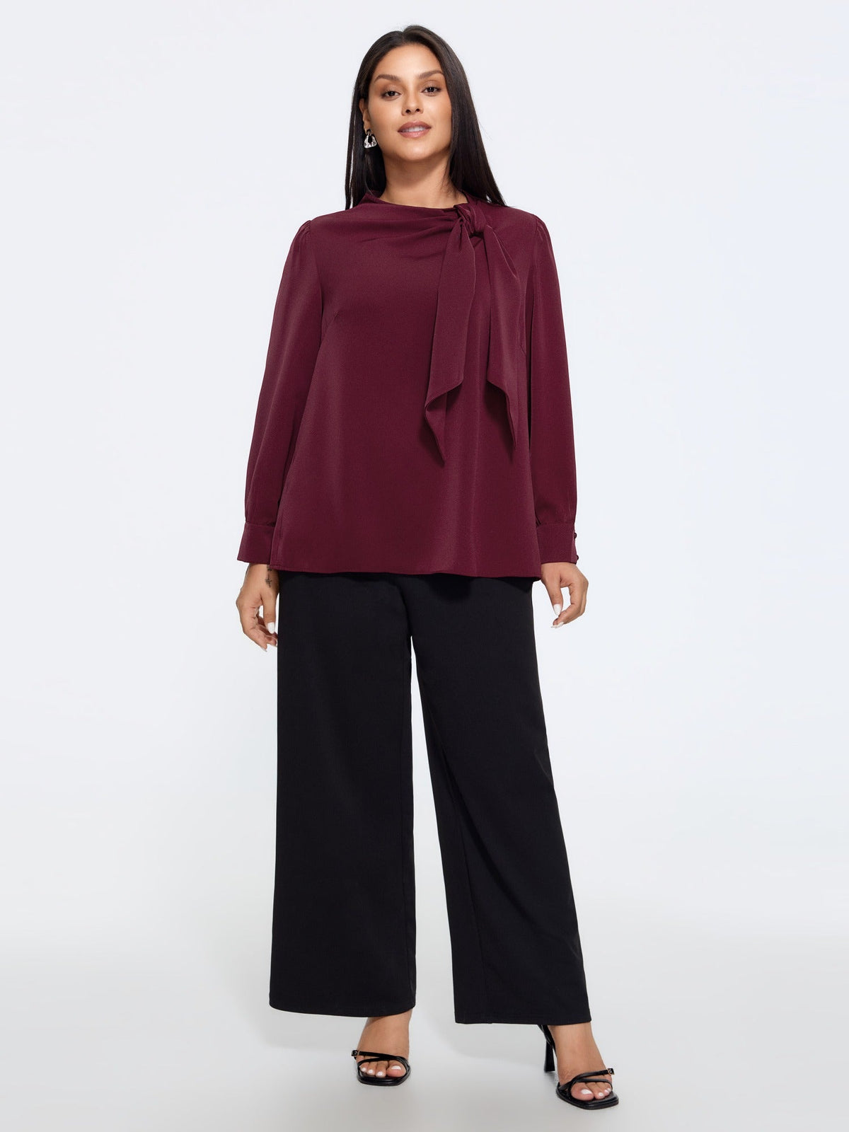 Satin Cowl Neck Tie Bow Long Sleeve Blouse