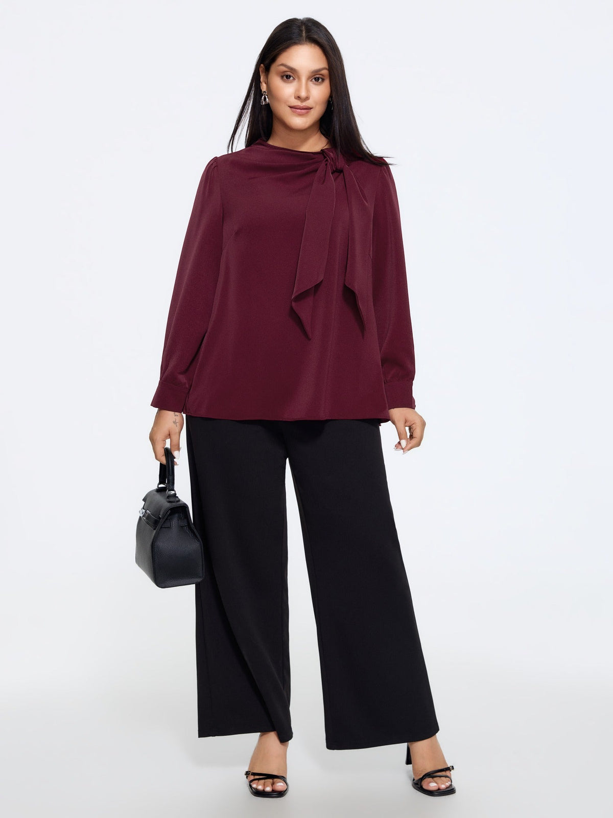 Satin Cowl Neck Tie Bow Long Sleeve Blouse