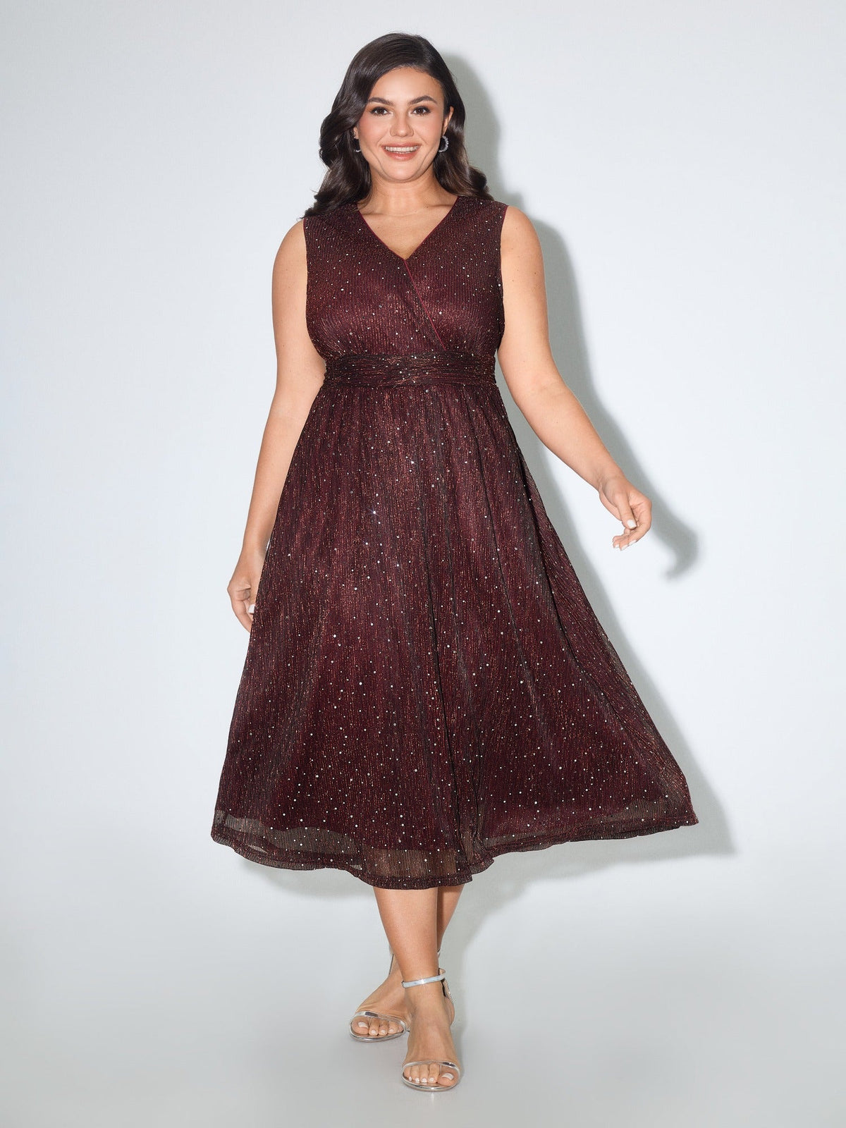 Sequin Surplice Neckline Sleeveless Midi Dress