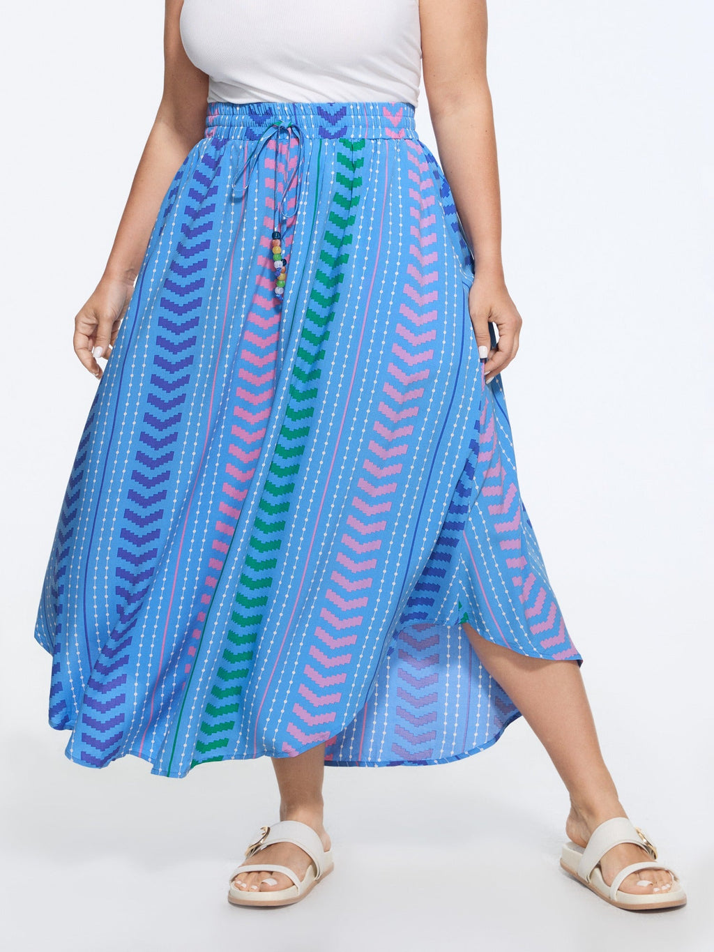 Geometric Striped Print Drawstring Maxi Skirt