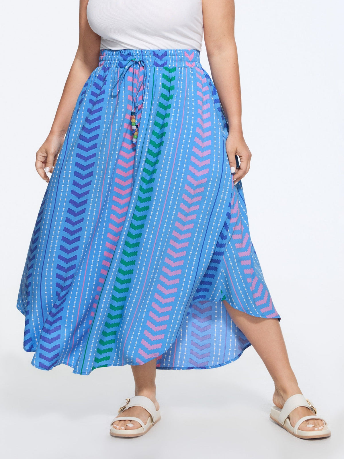 Geometric Striped Print Drawstring Maxi Skirt