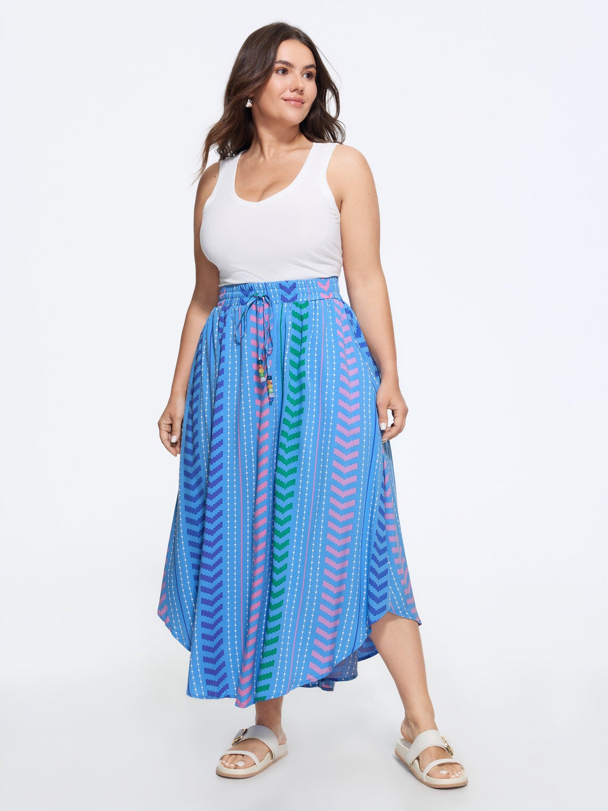 Geometric Striped Print Drawstring Maxi Skirt
