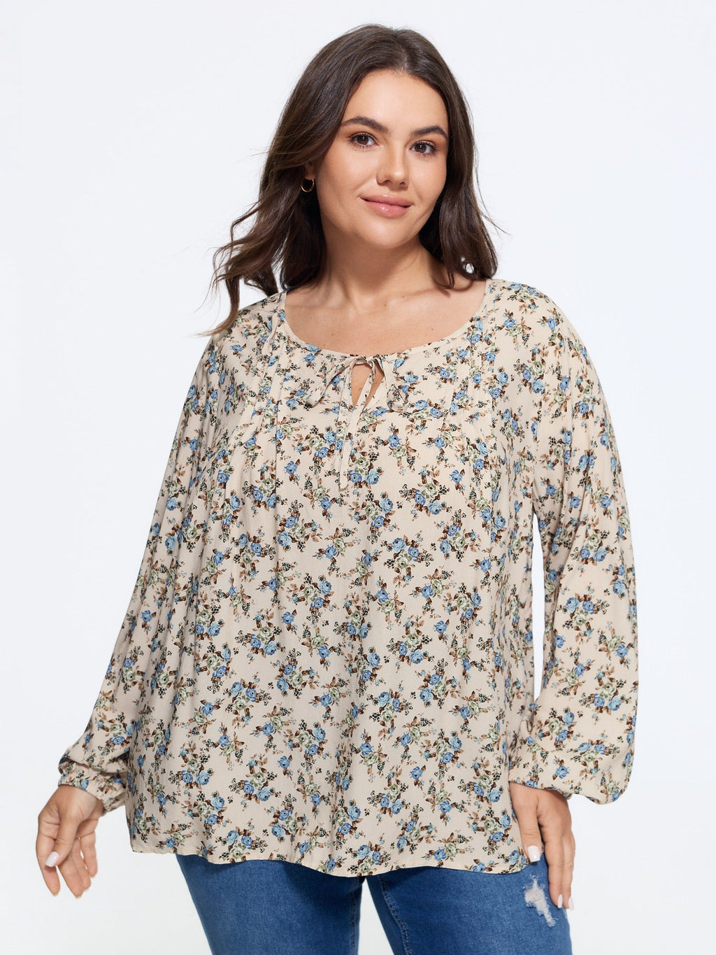 Supersoft Floral Print Drawstring Round Neck Blouse