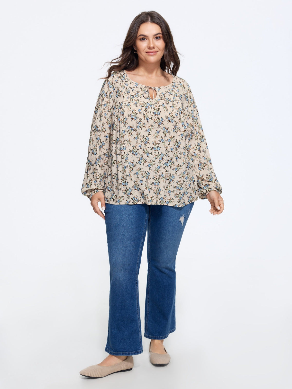 Supersoft Floral Print Drawstring Round Neck Blouse