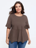 Cotton Solid Crew Neck Ruffle Mid Sleeve Top