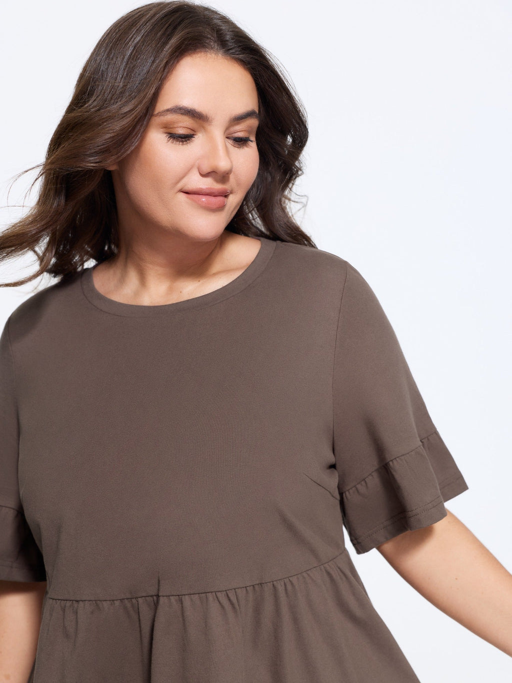 Cotton Solid Crew Neck Ruffle Mid Sleeve Top