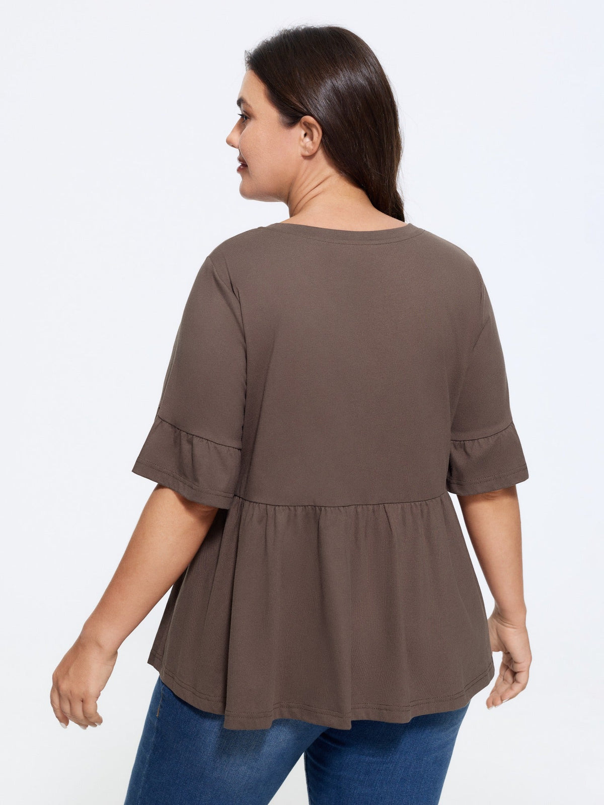 Cotton Solid Crew Neck Ruffle Mid Sleeve Top