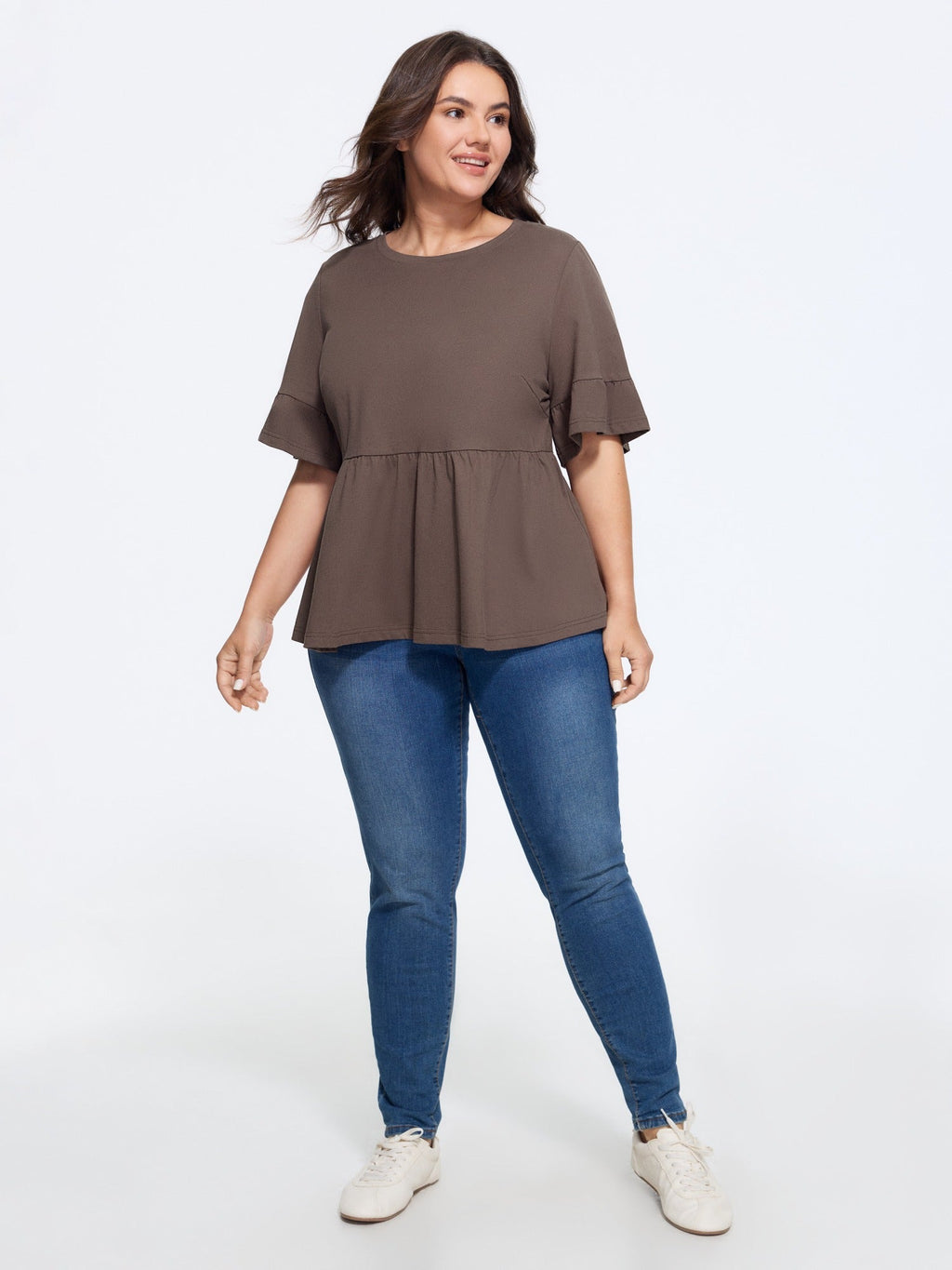 Cotton Solid Crew Neck Ruffle Mid Sleeve Top