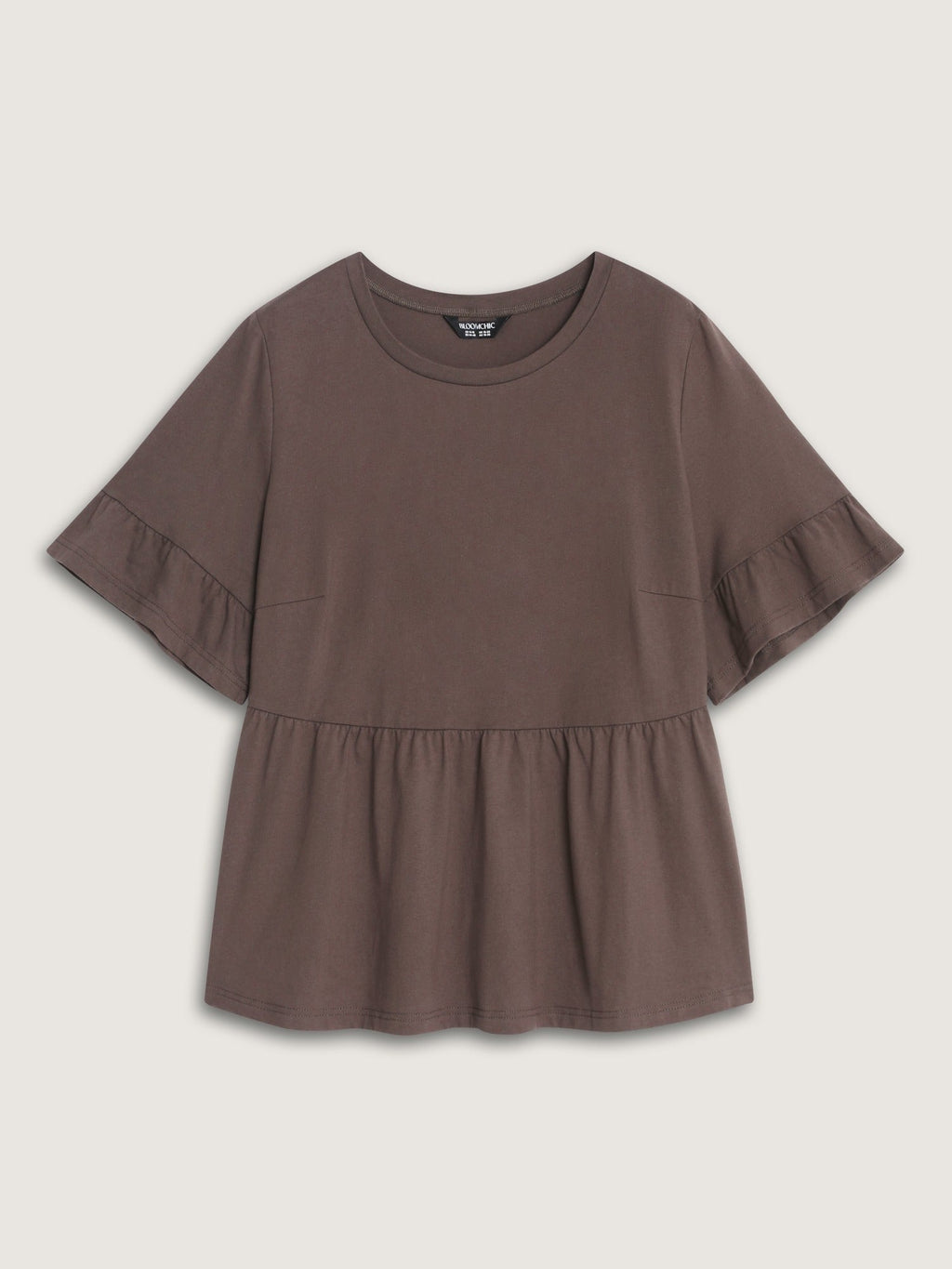 Cotton Solid Crew Neck Ruffle Mid Sleeve Top