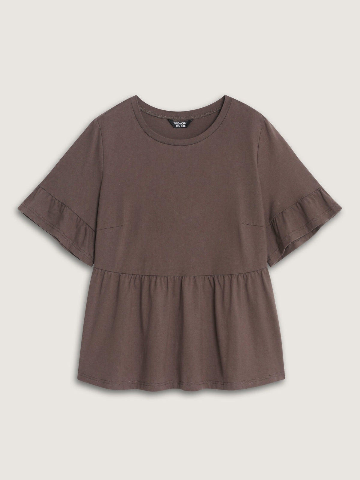 Cotton Solid Crew Neck Ruffle Mid Sleeve Top
