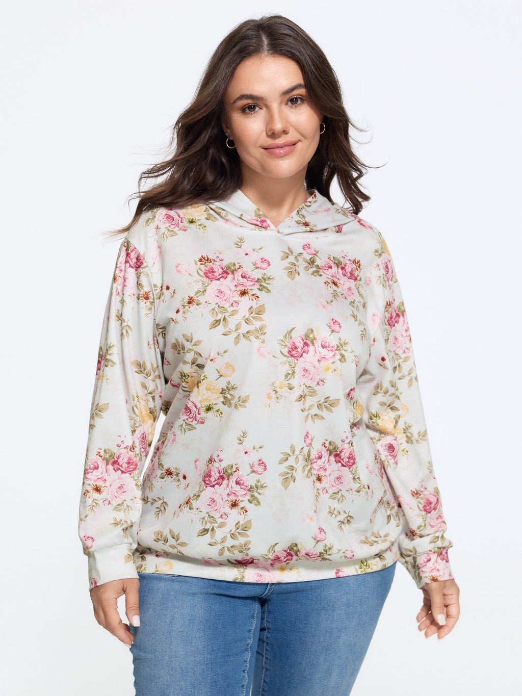 Rose Print Hooded Loose Fit Sweatshirt