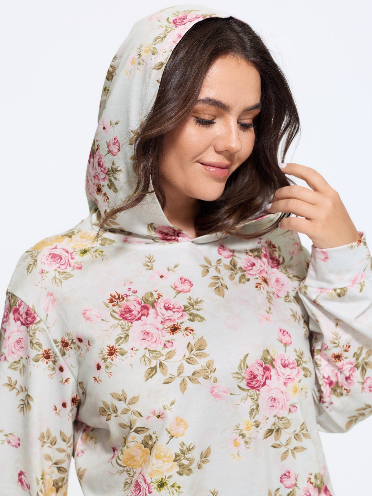 Rose Print Hooded Loose Fit Sweatshirt