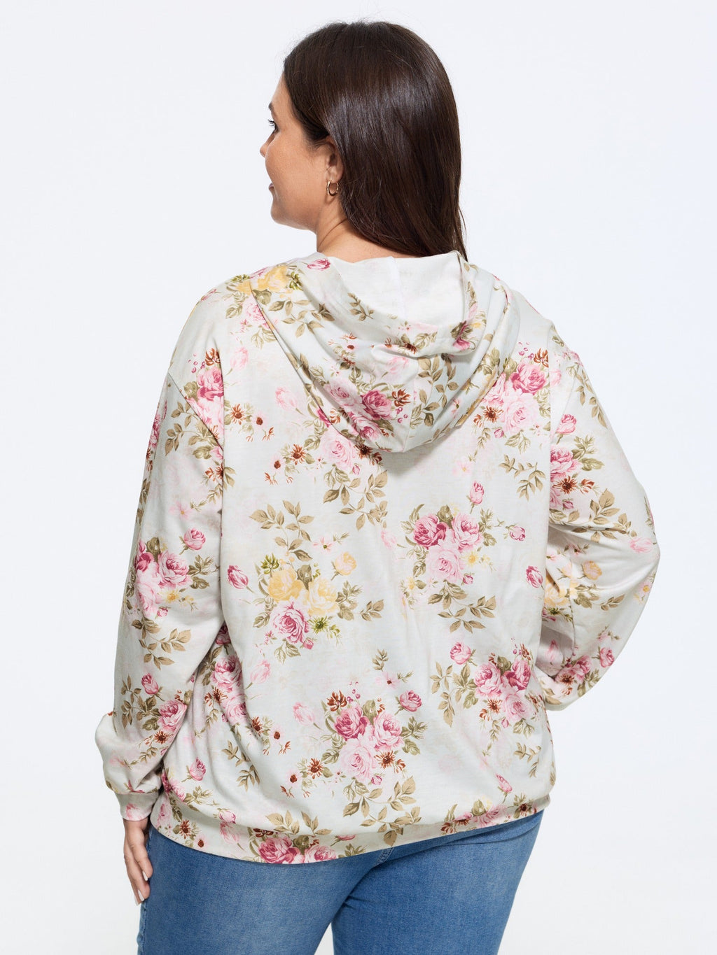 Rose Print Hooded Loose Fit Sweatshirt
