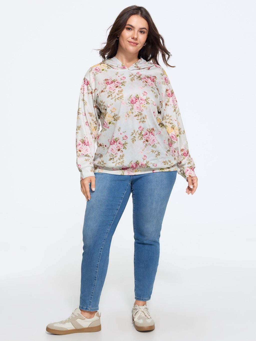 Rose Print Hooded Loose Fit Sweatshirt