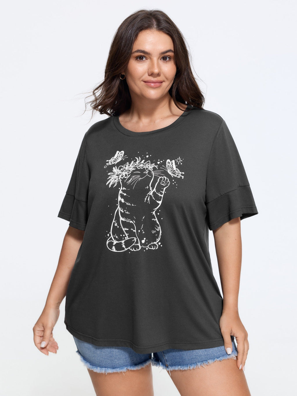 Supersoft Stretchy Cat Butterfly Print Crew Neck T-Shirt
