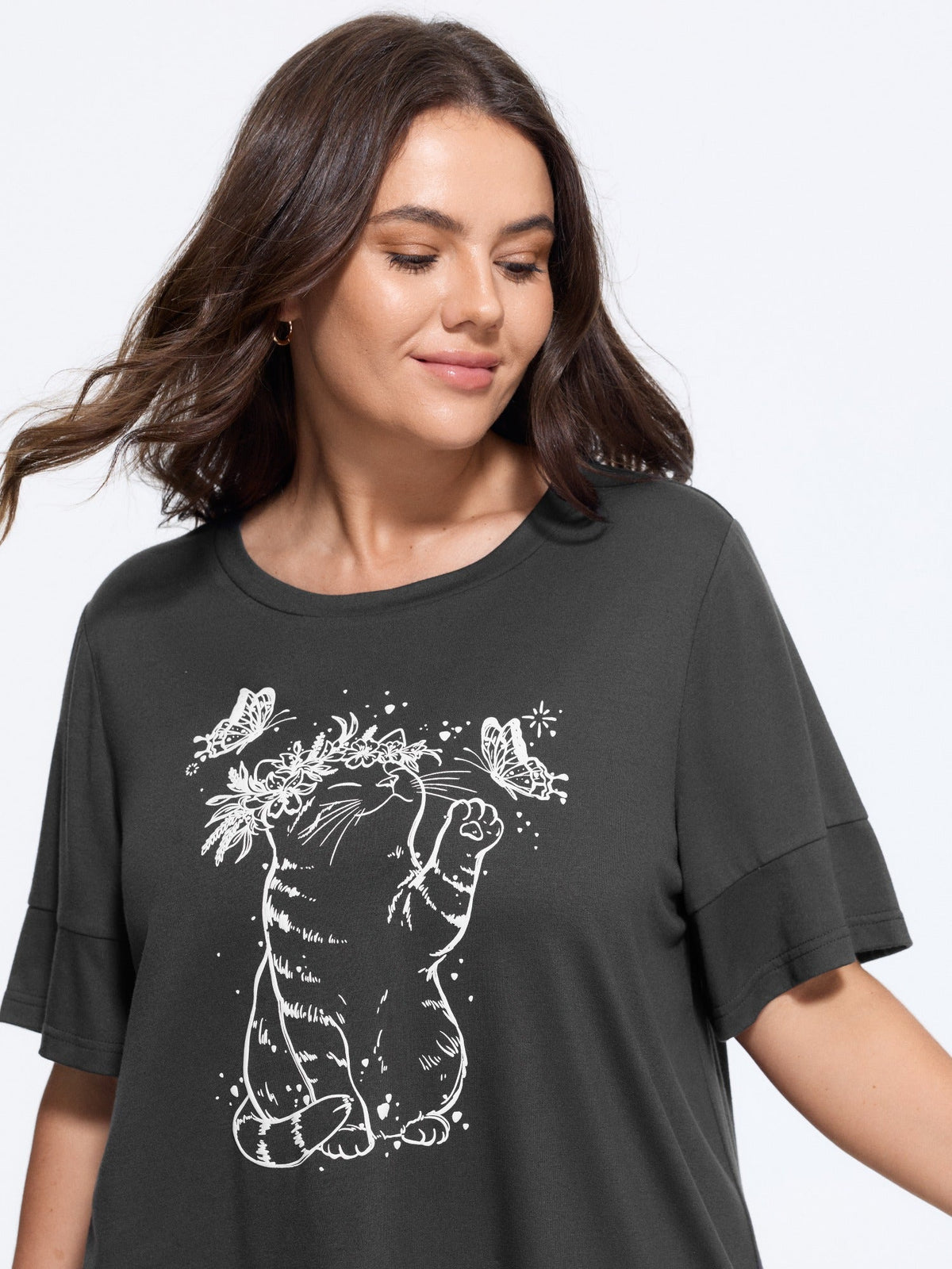 Supersoft Stretchy Cat Butterfly Print Crew Neck T-Shirt