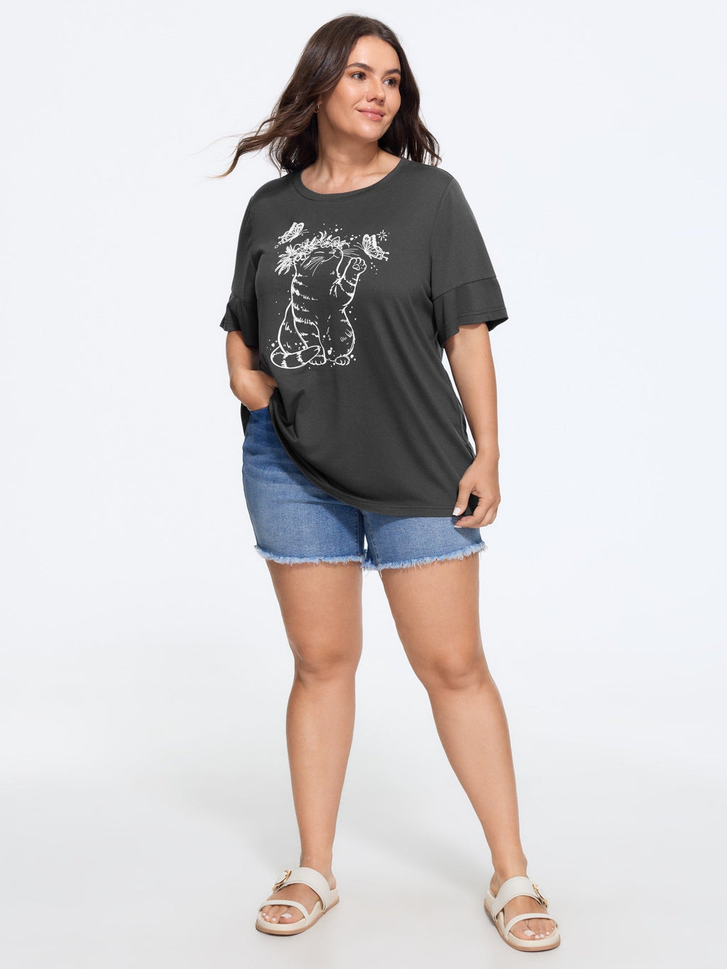 Supersoft Stretchy Cat Butterfly Print Crew Neck T-Shirt