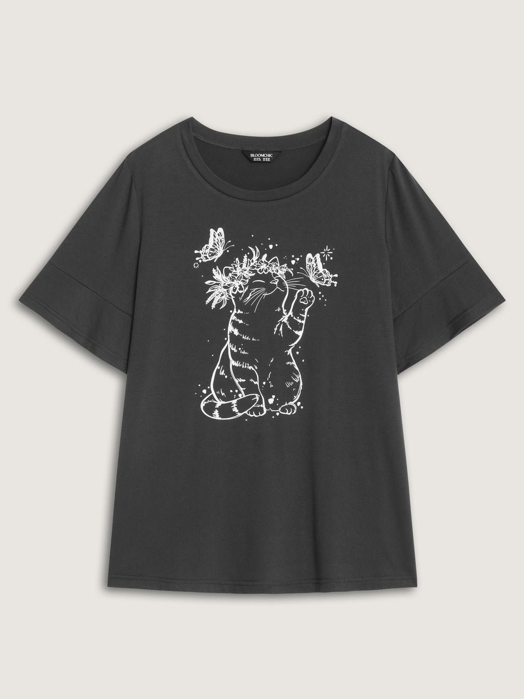Supersoft Stretchy Cat Butterfly Print Crew Neck T-Shirt
