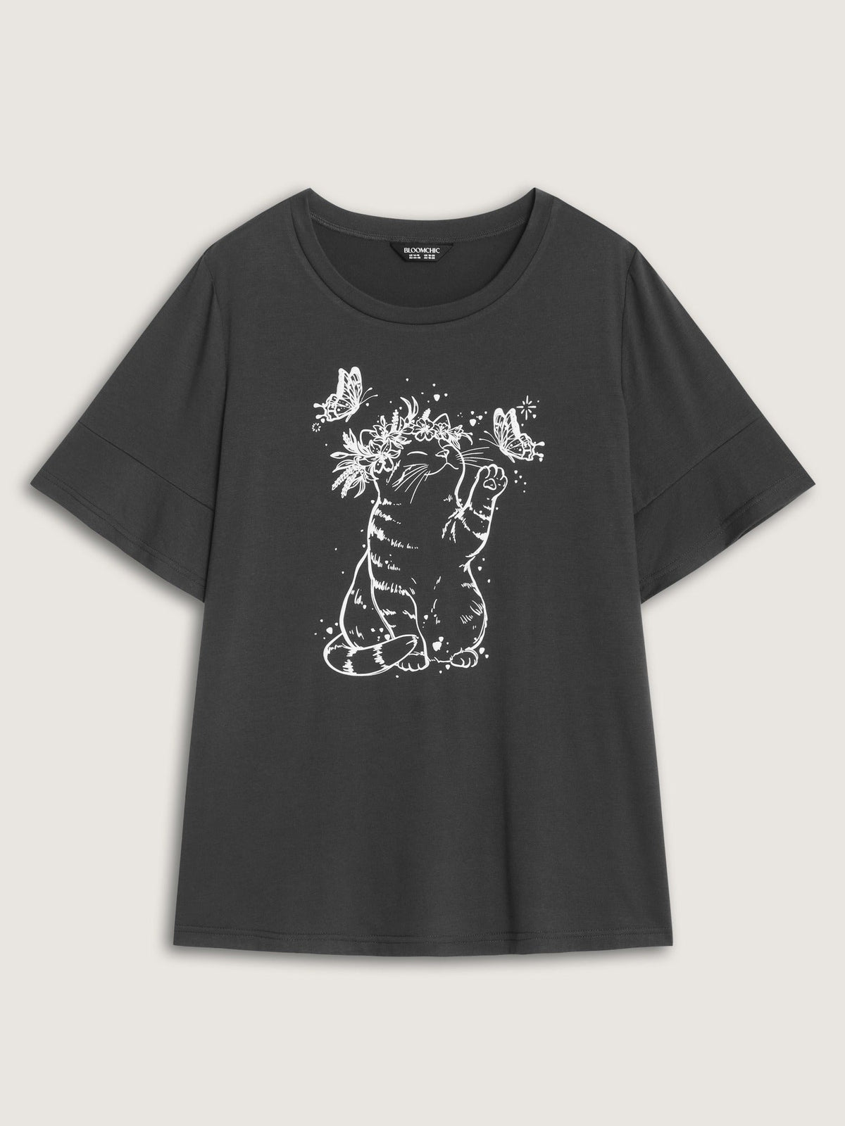 Supersoft Stretchy Cat Butterfly Print Crew Neck T-Shirt
