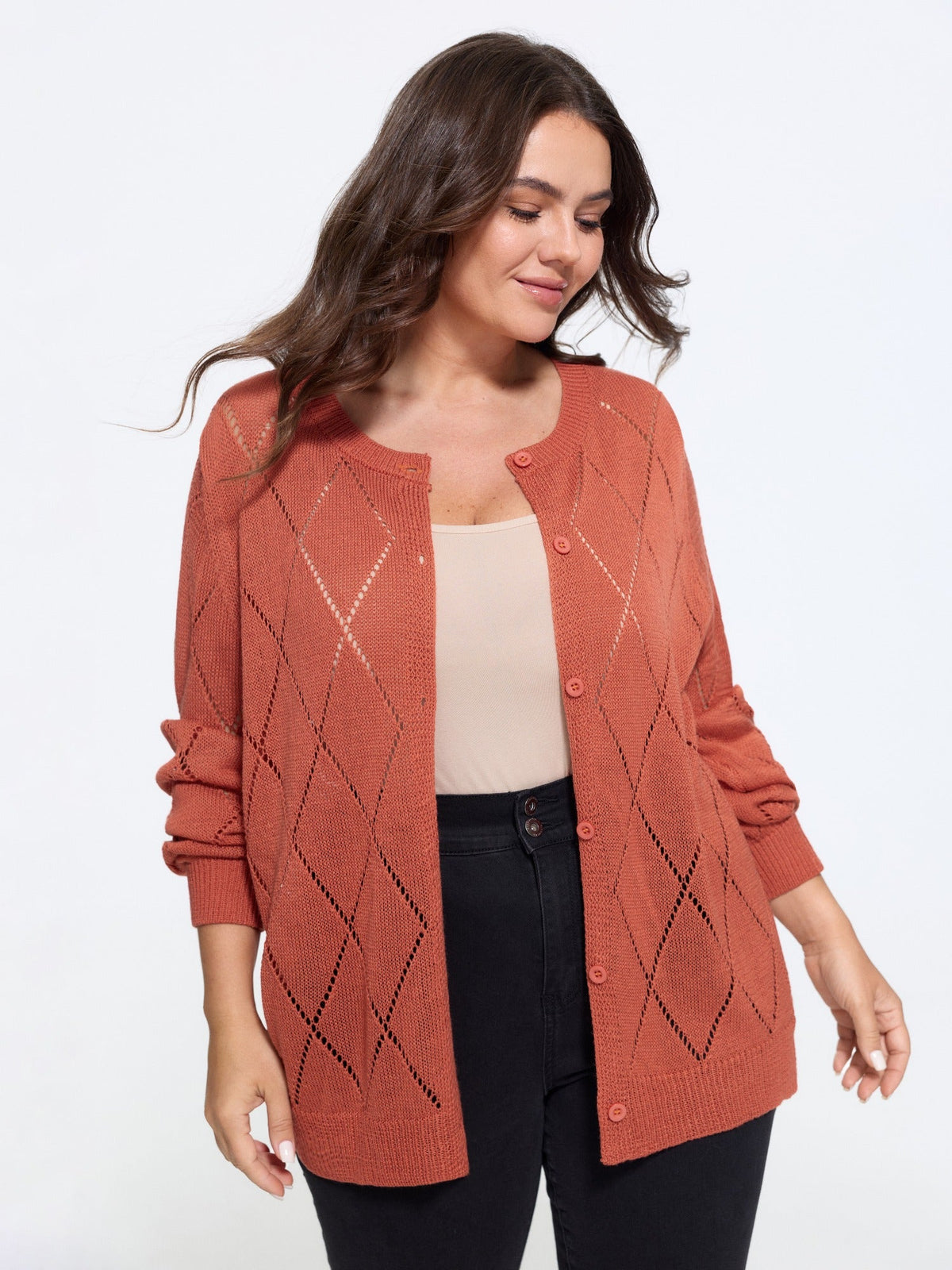 Diamond Hollow Button Long Sleeve Cardigan