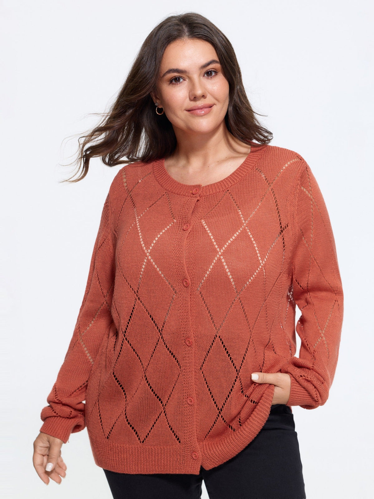 Diamond Hollow Button Long Sleeve Cardigan