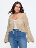 Scallop Trim Drawstring Flare Sleeve Hollow Cardigan